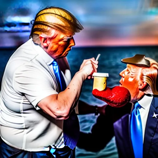 Image similar to donald trump slamming pudding onto citizens, citizens soaked with pudding, golden hour, boardwalk, professional photography