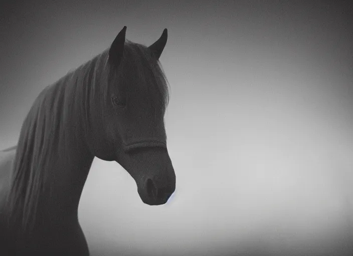 Image similar to an underexposed kodak 500 photograph of a horse with an insect head in the mist, muted color