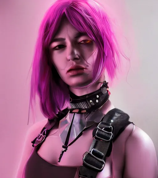 Image similar to detailed realistic female character cyberpunk wearing thick steel collar around neck, realistic, art, beautiful, 4K, collar, choker, collar around neck, punk, artstation, detailed, female, woman, choker, cyberpunk, neon, punk, collar, choker, collar around neck, thick collar, tight around neck, punk,