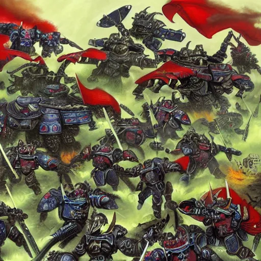 Prompt: Battle of the Imperial Guard on the planet against the Tyranids, Warhammer 40,000, super quality, Artist - Phil Moss