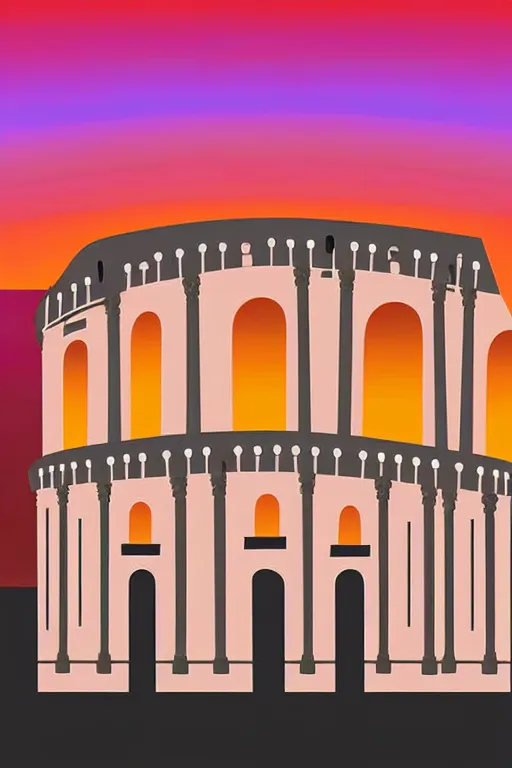 Prompt: minimalist boho style art of colorful colosseum rome at sunset, illustration, vector art