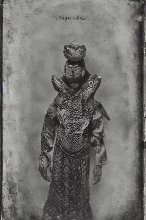 Image similar to a wet plate photo of an anthropomorphic snake dressed for the kings court