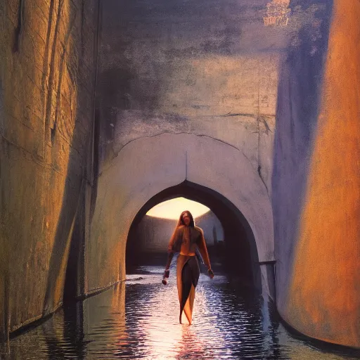 Image similar to Photo of the most beautiful woman, she is posing, she is walking on a river, she is getting ulluminated by the rays of the sunset, the photo was taking by Steve McCurry, matte painting, oil painting, naturalism, 4k, 8k