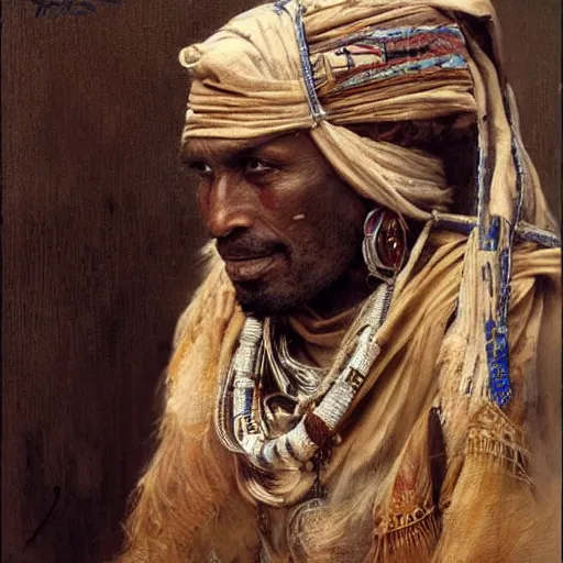 Image similar to tuareg man in traditional clothes, gaston bussiere, tom bagshaw
