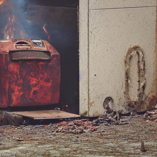 Prompt: a photo of a rusted washing machine burning