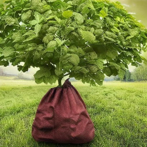 Image similar to a bag of potatoes with a magical tree growing out of it