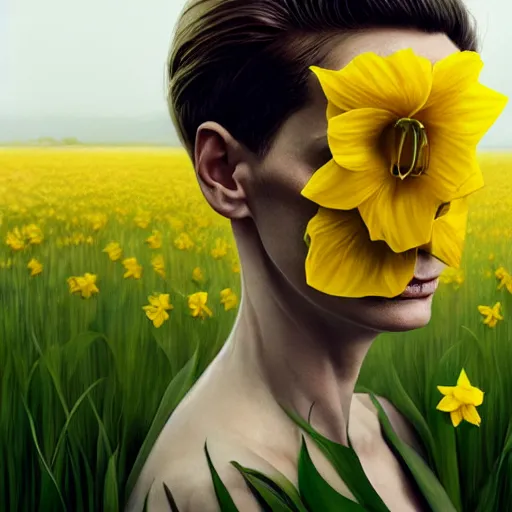 Image similar to medium shot, tilda swinton face fused with daffodil, head covered with leaves, inside the flower, daffodils field, highly detailed, unreal engine, 3 d art, digital art, painting by greg rutkowski