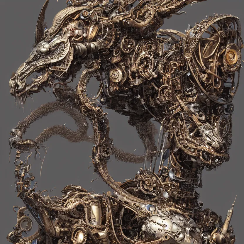 Image similar to hyper realistic mixed midea portrait of a beautiful mechanical steampunk dragon, stunning 3d render inspired art by P. Craig Russell and Barry Windsor-Smith + perfect facial symmetry + dim volumetric lighting, 8k octane beautifully detailed render, post-processing, extremely hyperdetailed, intricate futuristic mechanic parts, epic composition, grim yet sparkling atmosphere, cinematic lighting + masterpiece, trending on artstation,