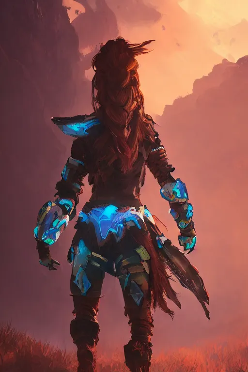 Image similar to combination suit armor aloy horizon forbidden west horizon zero dawn radiating a glowing aura global illumination ray tracing hdr fanart arstation by ian pesty and alena aenami artworks in 4 k tribal robot ninja mask helmet backpack