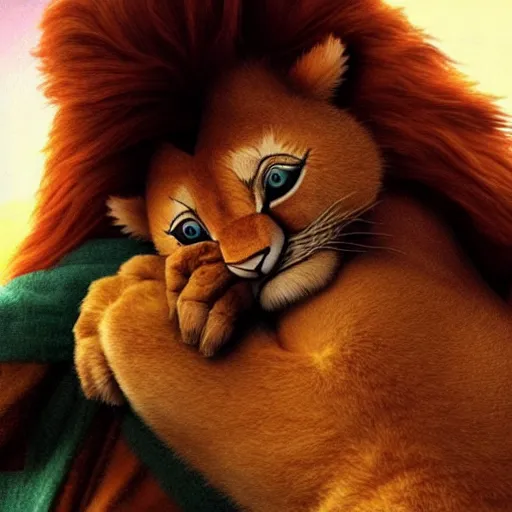 Prompt: eccio auditore holding baby simba as in the lion king