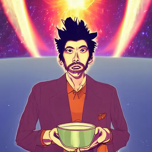 Image similar to A man drinking a cup of cosmic energy bright light by Masafumi Harada, 4k, digital art, surreal, anime style, space dandy style, highly detailed, godsend, artstation