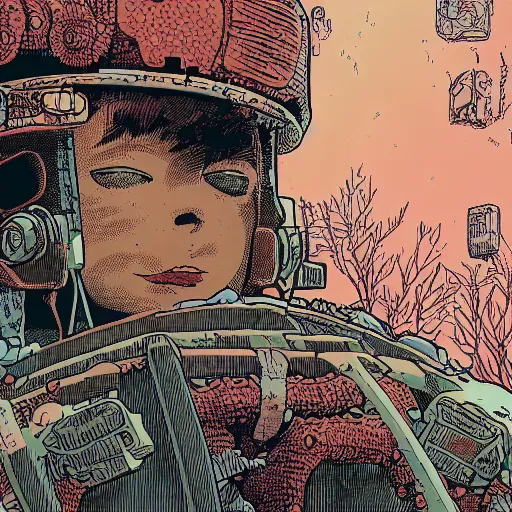 Image similar to in the style of Geof Darrow and deathburger and laurie greasley a close up of a young explorer wearing a cyberpunk headpiece sitting within an ancient and dense mechanical forest, highly detailed, 8k wallpaper