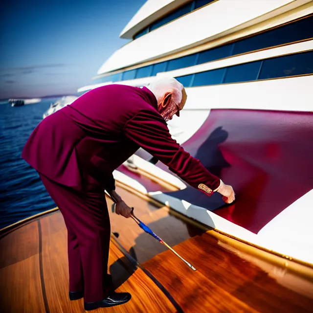 Image similar to wrinkled hunchbacked old man in musty burgundy suit, polishing painting the side of a huge gold plated mega yacht with a cloth, maintenance photo