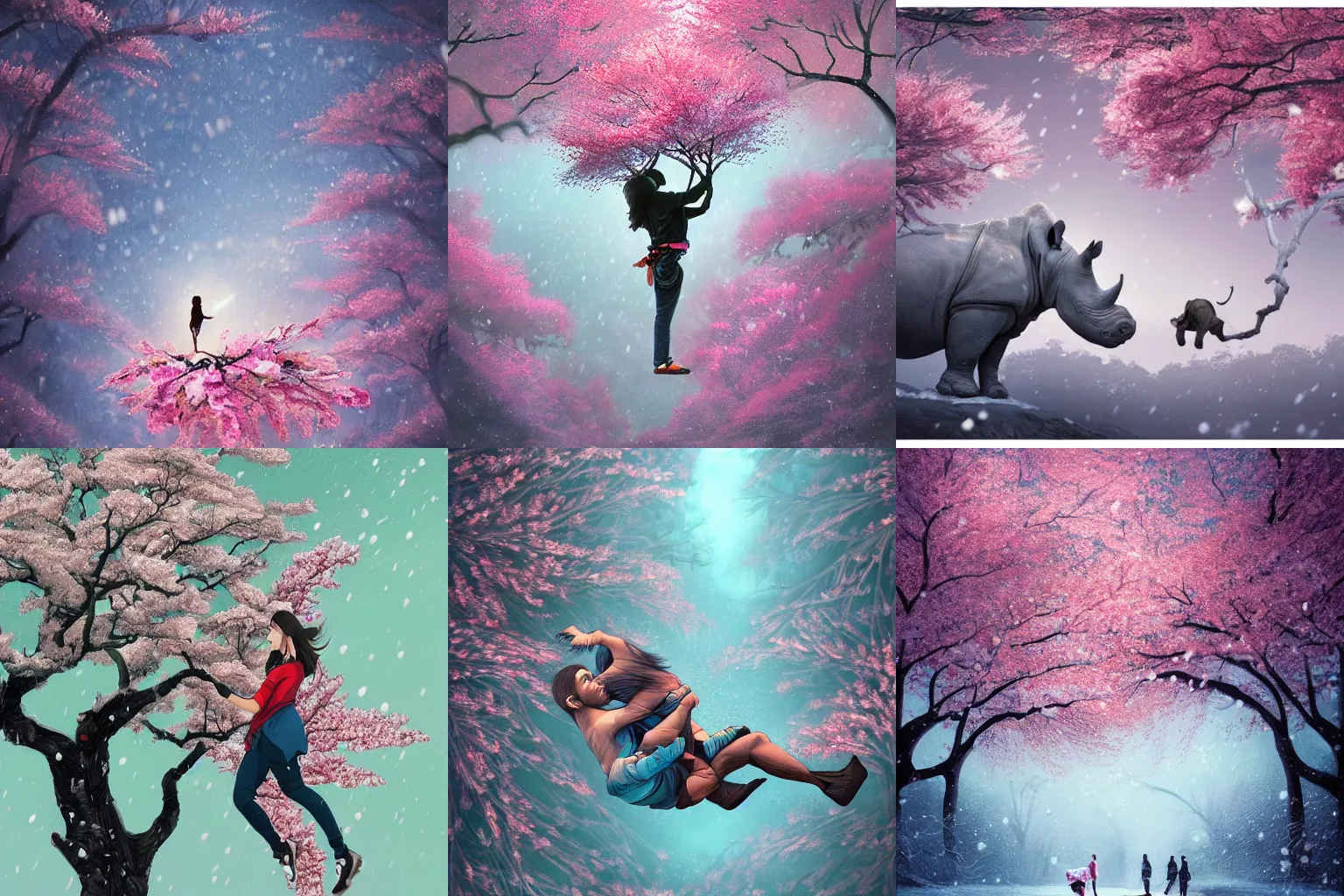 Prompt: a mixing of rhino and human climbing a cherry blossom tree when it is snowing, heavenly atmosphere, detailed illustration, digital art, overdetailed art, complementing colors, trending on artstation, Cgstudio, the most beautiful image ever created, dramatic, subtle details, illustration painting, vibrant colors, 8K, award winning artwork, high quality printing, fine art, intricate, epic lighting, very very very very beautiful scenery, 8k resolution, digital painting, sharp focus, professional art, atmospheric environment, 8k ultra hd, artstationHD, hyper detailed, elegant, cinematic, awe inspiring, beautiful