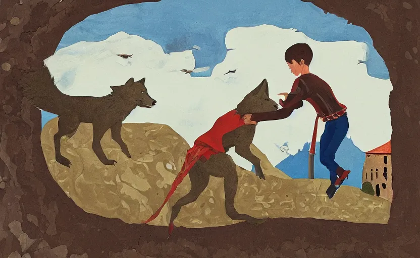 Image similar to a boy fighting a wolf on the edge of a clocktower, gouache, flat, print