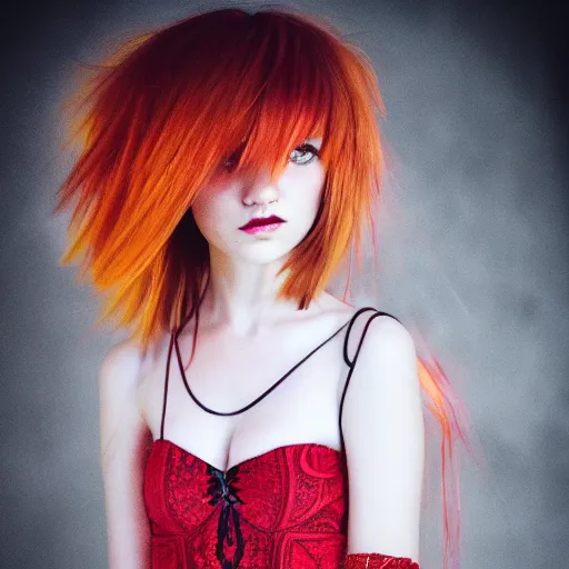 Prompt: high quality photo of a beautiful demon girl .moody and melanchony with accents of yellow and red.