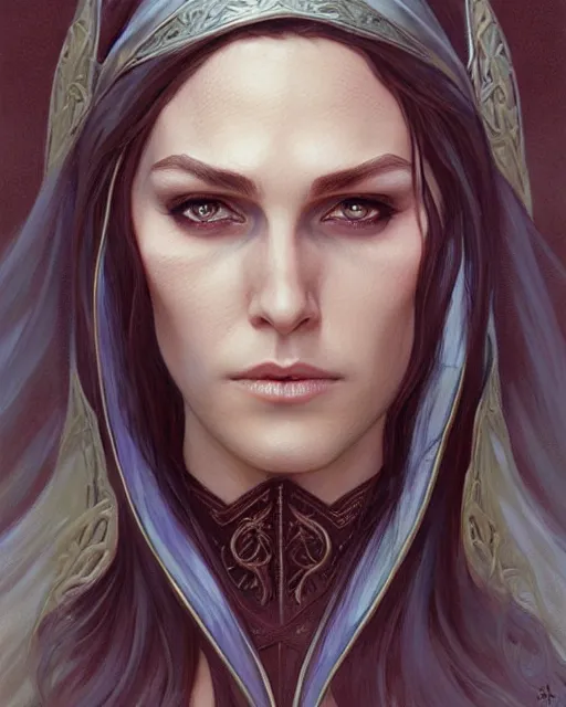 Image similar to portrait of an elven mage, dark, piercing eyes, gentle expression, elegant clothing, photorealistic, highly detailed, artstation, smooth, sharp focus, art by michael whelan, artgerm, greg rutkowski and alphonse mucha