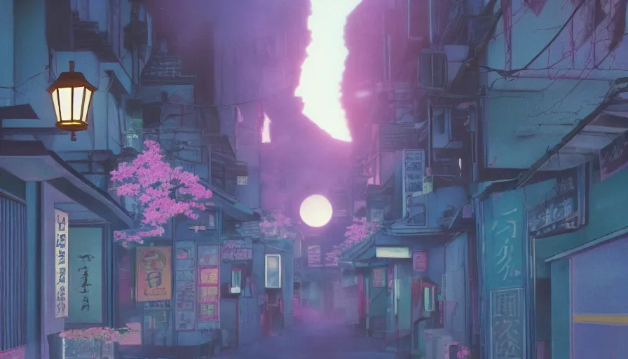 Image similar to A film still from a 1990s Sailor Moon cartoon featuring a moody street in Japan with a waterfall and lanterns, lofi aesthetic, golden hour, cinematic look, film grain, high detail, high resolution, 8k