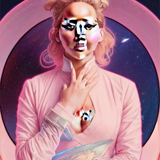 Image similar to Portrait of Jennifer Lawrence in pastel pink spacesuit by artgerm and greg rutkowski and alphonse mucha