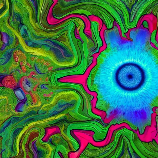 Image similar to an organic landscape made of psychedelic LSD DMT open eye visuals, Shpongle, unreal engine cinema4ad