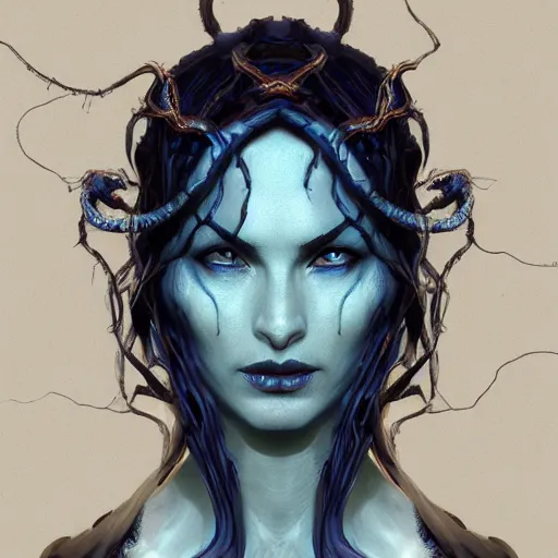 Image similar to dark queen of snakes, crown of snakes, blue skin, realism, dark fantasy, thorned vines, cgsociety, artstation