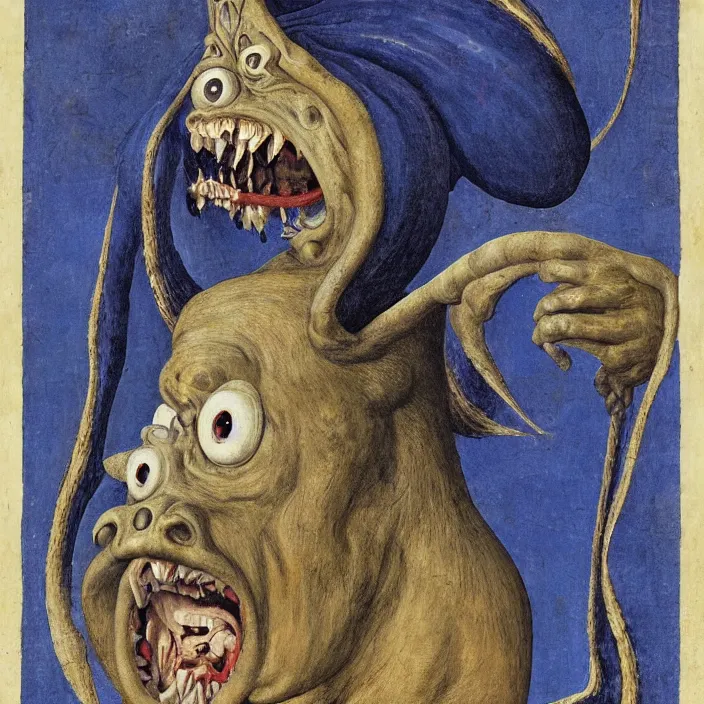 Image similar to close up portrait of a mutant monster creature with giant ear in the middle of the face, lapis - lazuli fangs growing sideways in a spiral shape. by jan van eyck, walton ford