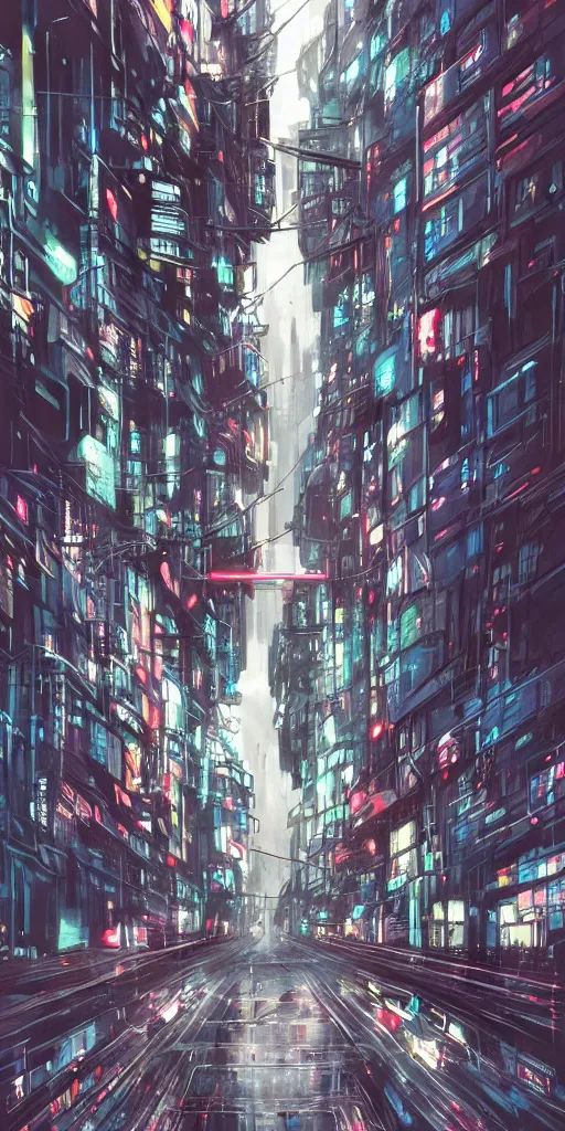 Image similar to the street between artificial megastructures, living spaces, dystopian cyberspace, landscape, concept art, brutalism, neon lights, colorful, cyberpunk, market, matte painting, in the style of BLAME!, wide angle,