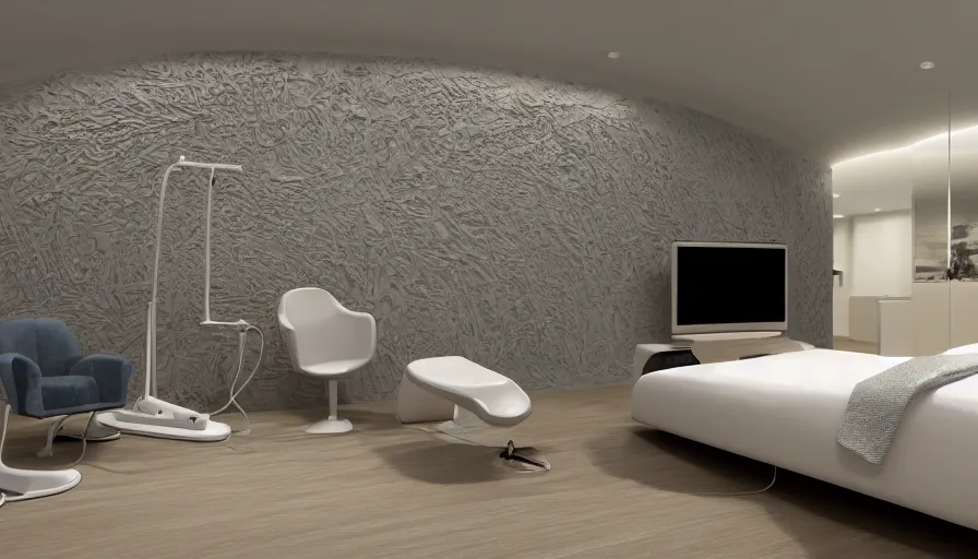 Prompt: low ceiling oval shaped room interior with ceramic dentist chair and movie projected onto walls, octane render, intricate details