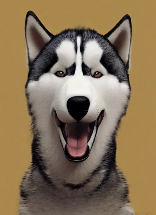 Prompt: masterpiece portrait of a cute husky as a gentleman, au naturel, hyper detailed, digital art, trending in artstation, cinematic lighting, studio quality, smooth render, unreal engine 5 rendered, octane rendered, art style by klimt and nixeu and ian sprigger and wlop and krenz cushart and kim jung gi and greg rutkowski