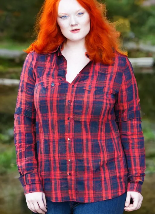 Image similar to photograph of a plus-size redhead woman wearing a red tartan shirt