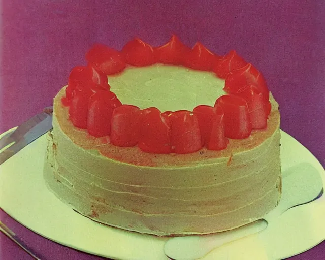 Image similar to 1970's cookbook color photograph of fancy cake sharp detail high detail