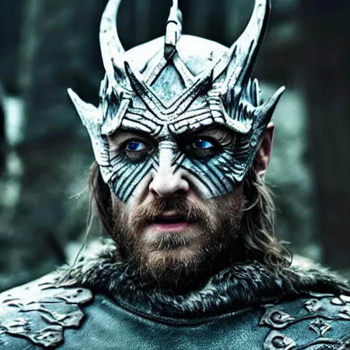 Prompt: profile photo of the night king in a dark viking hood playing odin all father from the thor movie, highly detailed, cinematic shot, cinematic lighting, 8 k, exquisit facial detail