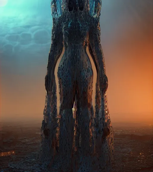 Image similar to tarkovsky greatest scene, tower of babylon destroyed, ethereal, ancient, majestic woman in a futuristic cyber clothing, transparent puffer jacket, hyperrealistic, blockchain, cyber world, ambient lighting, concept art, intricate sky, hyper - detailed, smooth, dynamic volumetric lighting, octane, ray tracing, cinematic, high quality, cgsociety