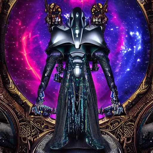 Prompt: Epic dark gritty space scene digital artwork featuring the iridescent cloaked hooded warrior partially cybernetic entity god of future technology wielding cosmic weaponry, ornate galactic gold, intricate, ornate, gothic, colorful, vibrant, smooth, moody, ominous, dangerous aura, microchips, crystallic, iridescent, lasers, gems, multicolored glints, precious elements, beautiful, detailed, concept art, render, unreal engine, 4K, artstation