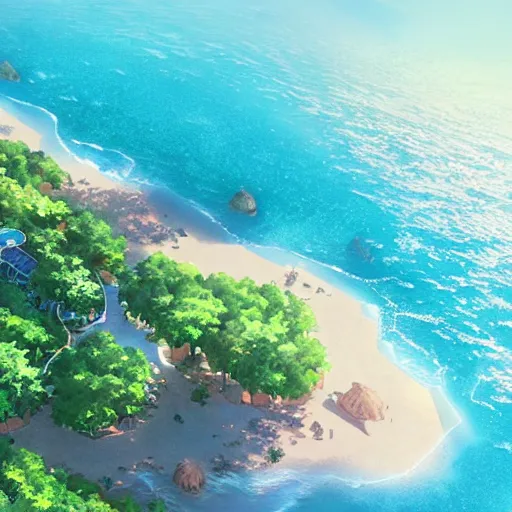 Prompt: a beautiful render of an anime island paradise from above by makoto shinkai, soft details, graphic art