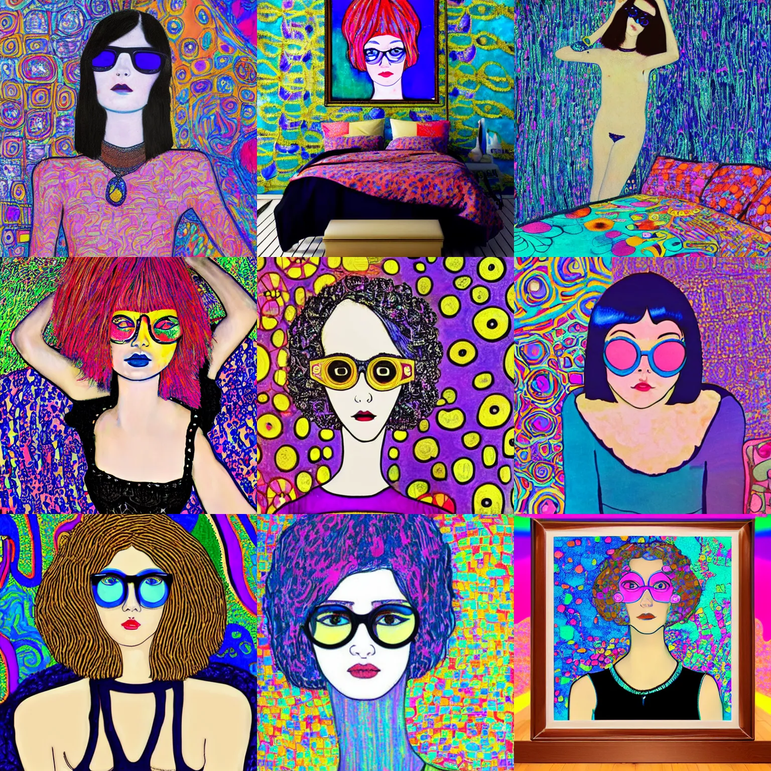 Prompt: klimt style teen girl short shaggy asymetrical bob haircut and thin blue frame glasses, dressed in black lace, laying over a colorful and bright trippy victor moscoso room. lsd colorful bedroom