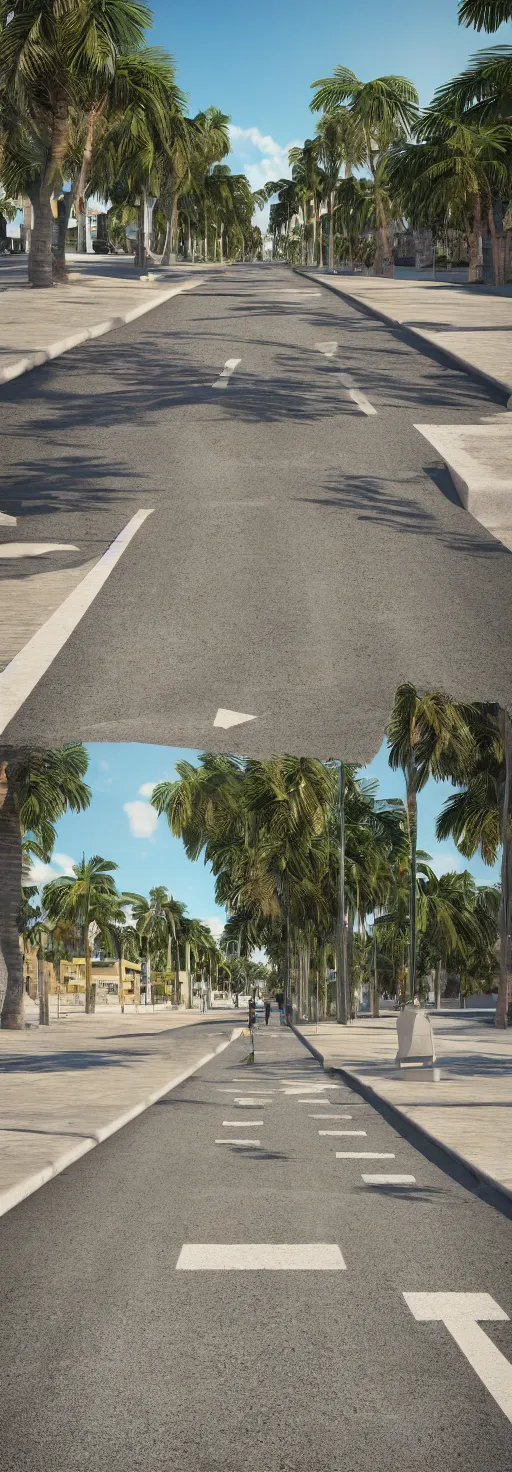 Prompt: depth of field 3 d render of sidewalk with bike path, palm trees, accessible for the disabled, by professional photographer, 8 k resolution, photo, high quality