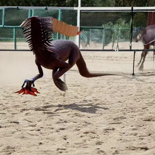 Prompt: a velociraptor playing volleyball with a horse