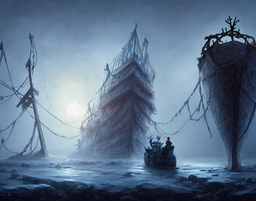 Image similar to frozen zombie man with a crown, eyes glows, broken sailing ship boat in the background, is at dawn and bluish, fantasy, intricate, elegant, highly detailed, digital painting, artstation, concept art, matte, sharp focus, illustration, art by aenaluck and roberto ferri and greg rutkowski, epic fantasy, digital painting