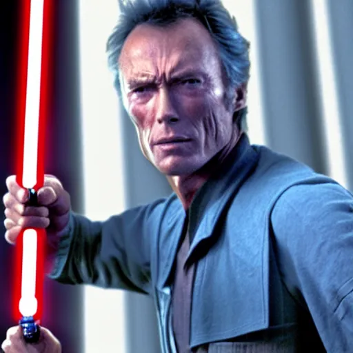 Image similar to clint eastwood holding blue lightsaber in star wars episode 3, 8k resolution, full HD, cinematic lighting, award winning, anatomically correct