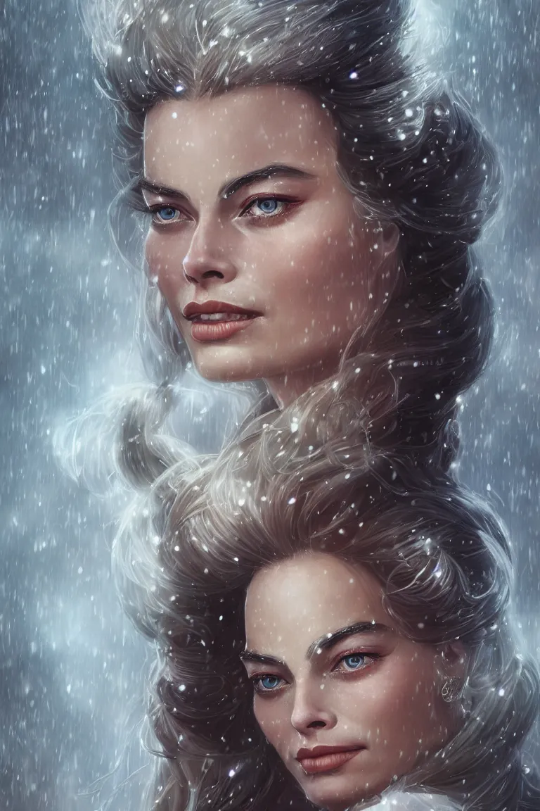 Prompt: a beautiful ultradetailed fantasy character portrait of margot robbie as a geisha wielding a sword by charlie bowater, catchlight in the eyes, trending in behance, close up portrait photo, bokeh, 4K, during snowfall