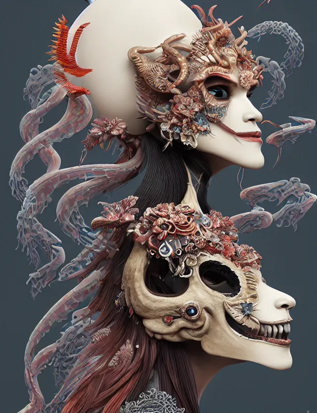 Image similar to 3 d goddess of death close - up profile portrait with ram skull. beautiful intricately detailed japanese crow kitsune mask and clasical japanese kimono. betta fish, jellyfish phoenix, bio luminescent, plasma, ice, water, wind, creature, artwork by tooth wu and wlop and beeple and greg rutkowski