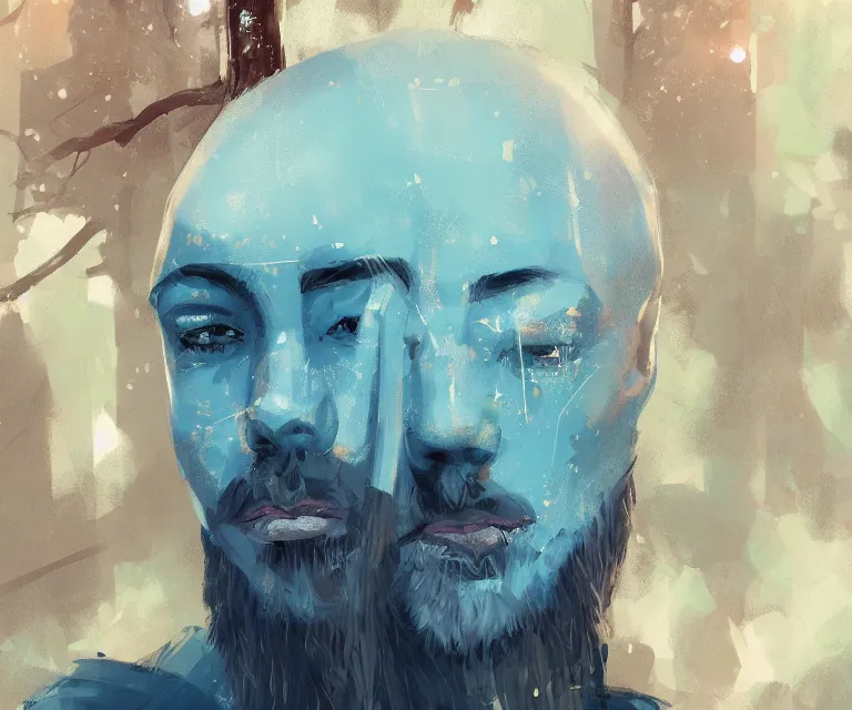 Prompt: painting close - up portrait of a young bald blue - skinned wizard in a forest, masterpiece, trending on artstation, by ismail inceoglu