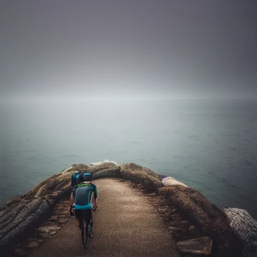 Prompt: a scene from a fever dream, bicycling on a rocky path in first person view, go-pro camera view, entering the scary murky ocean!! Fog! Ultra realistic! 25mm f/1.7 ASPH Lens!