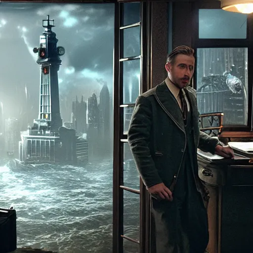 Image similar to a highly detailed cinematic photo from a live - action bioshock movie. andrew ryan, portrayed by ryan gosling, is shown standing in a 1 9 3 0's office with a large desk in front of a floor - to - ceiling window looking out onto the underwater city of rapture shining in the distance, several fish are shown outside of the window