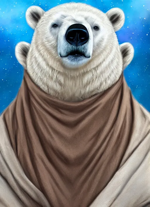 Image similar to a polar bear with stubble, wearing brown jedi robes, smiling, close up, portrait style, star wars atmosphere, photographic print, artgerm, hyper - realistic