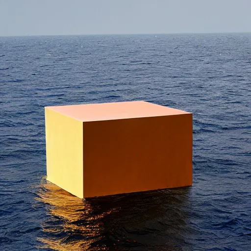 Image similar to A cube in the middle of the sea in the style of Richard Serra