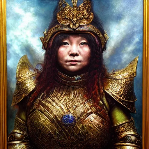 Prompt: realistic portrait of dwarf queen in armor, atmospheric lighting, painted, intricate, volumetric lighting, beautiful, washed deep colors masterpiece, golden hour, sharp focus, ultra detailed, by Chie Yoshii, Kai Carpenter, Ignacio Fernández Ríos