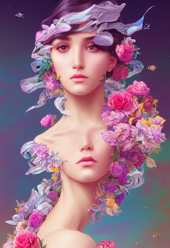 Image similar to young beautiful woman, gorgeous face, vaporwave aesthetic, synthwave, colorful, psychedelic, artstation, flowers, bees, ribbons, concept art, luxurious silvery gown, smooth, extremely sharp detail, finely tuned detail, 8 k, unreal engine 5, ultra sharp focus, illustration, art by artgerm and greg rutkowski and alphonse mucha