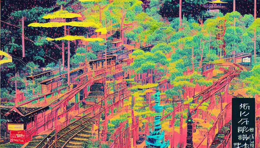 Prompt: Japan rural splendor rail travel and touring c2050, surrealist psychedelic photo-collage painting spot illustration in the style of Newsweek magazine, +81 magazine, muted deep neon color